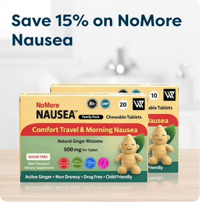 Promotional image of NoMore Nausea ginger tablets with "Save 15%" text, featuring two boxes on a reflective surface.