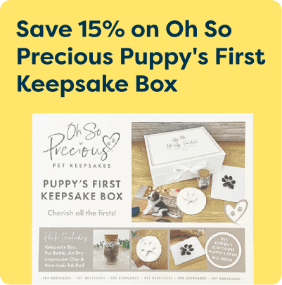 Promotion for "Oh So Precious" Puppy Keepsake Box with 15% off. Includes photos and paw print keepsake details.