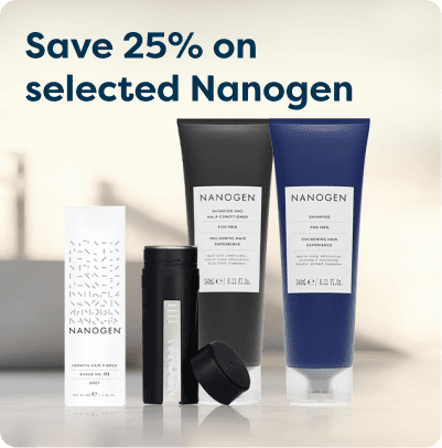 Nanogen hair care products with black and blue packaging on display. Text: "Save 25% on selected Nanogen."