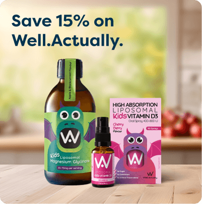 Bottle and spray of Well.Actually Kids Magnesium Glycinate & Vitamin D3 on a table, with a 15% off offer.