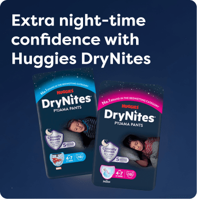 Pharmacy2U promotion featuring two packs of Huggies DryNites Pyjama Pants for children aged 4–7 years, shown against a dark blue background.