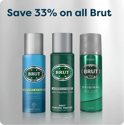 Three Brut deodorant products with "Save 33% on all Brut" text above. Varieties: Sport Style, Anti-Perspirant, and Original.