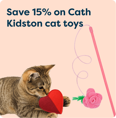 Cat playing with a red heart toy, pink wand, and text "Save 15% on Cath Kidston cat toys" on a peach background.