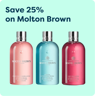 Three Molton Brown shower gels in pink, blue, and red bottles with a text offering a 25% discount on a light blue background.