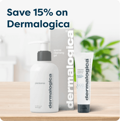 Save 15% on Dermalogica at Pharmacy2U. Dermalogica skincare products, including PreCleanse and Special Cleansing Gel, are displayed.