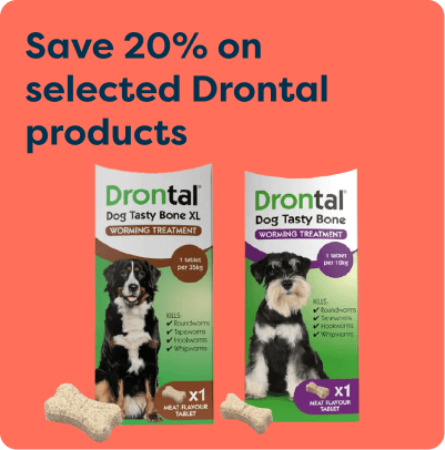 Promotional image offering 20% off selected Drontal dog worming treatments, featuring two product packages and bone-shaped treats.