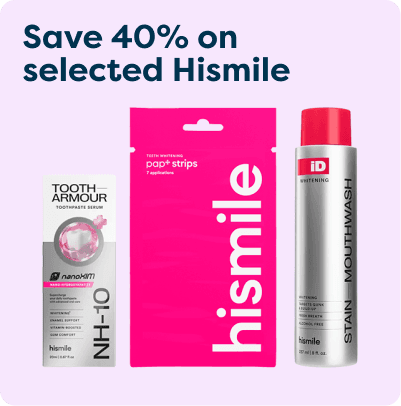 Hismile products: Tooth Armour toothpaste, PAP+ strips for teeth whitening, and iD stain mouthwash, with 40% discount text above.