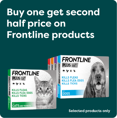 Advertisement for Frontline flea treatment for cats and dogs, featuring product boxes and a promotion for buying one and getting the second half price.