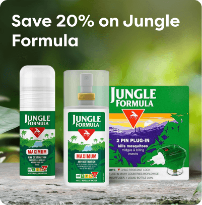 Jungle Formula mosquito repellent products displayed with a 20% discount offer, showing sprays and a 2-pin plug-in device.