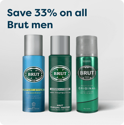 Save 33% on all Brut Men at Pharmacy2U. Three Brut deodorant products are displayed.