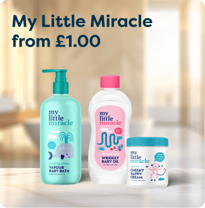 "My Little Miracle" baby care products including vapor bath, baby oil, and nappy cream displayed on a blurred background. Prices start from £1.00.