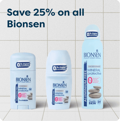 Save 25% on all Bionsen at Pharmacy2U. Three Bionsen deodorant products are displayed.