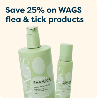 Promo for 25% off WAGS flea and tick products, featuring a green shampoo and repellent bottle against a beige background.