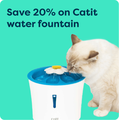 Cat drinking from a white and blue Catit water fountain with a flower design. Text above reads: "Save 20% on Catit water fountain."