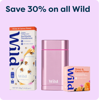 Wild deodorant advertisement offering 30% off, featuring Honey & Cactus Flower scent products in pink packaging.