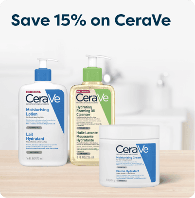 Save 15% on CeraVe at Pharmacy2U. Three CeraVe skincare products, including Moisturising Lotion, Hydrating Foaming Oil Cleanser and Moisturising Cream, are displayed.