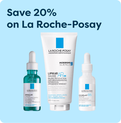 Save 20% on La Roche-Posay products: a serum, Lipikar Baume AP+ lotion, and Cicaplast B5 cream, displayed on a light blue background.