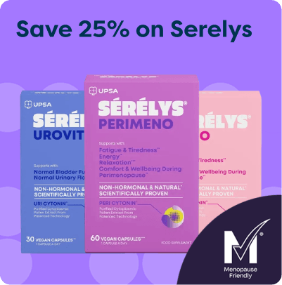 Three colorful Sérélys supplement boxes are displayed, promoting a 25% discount. The logo for "Menopause Friendly" is visible in the corner.