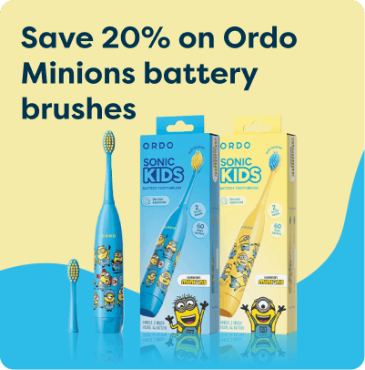 Ordo Sonic Kids Minions battery toothbrushes in blue and yellow boxes, with a "Save 20%" offer, featuring Minions graphics.
