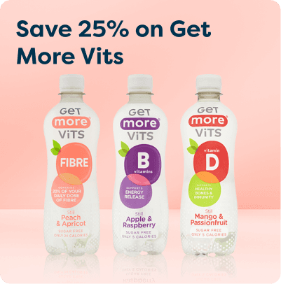 Three bottles of Get More Vits drinks with vitamins and flavors, offering a 25% discount.