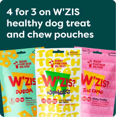 Promo for W'ZIS healthy dog treat and chew pouches. Three colourful packs: Dubya, Wowzers, The Fang. Offer: 4 for 3.