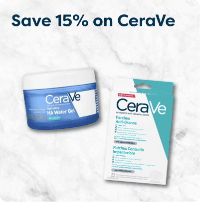 Save 15% on CeraVe products; includes a blue hydrating HA water gel jar and a box of acne patches on a marble background.