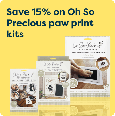 Promotion for "Oh So Precious" paw print kits, featuring non-toxic ink pads and pet keepsake samples. Save 15%. Pale yellow background.