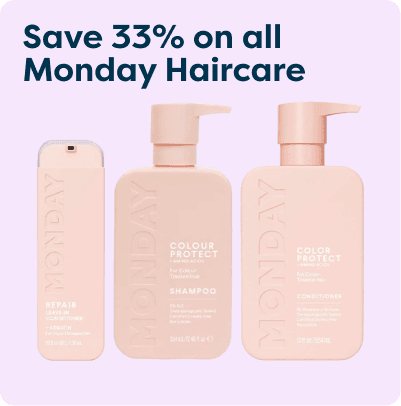 Three bottles of Monday Haircare products: Repair Conditioner, Colour Protect Shampoo, and Colour Protect Conditioner, with 33% discount offer.