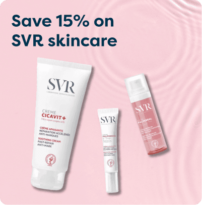 Save 15% on SVR Skincare at Pharmacy2U. Three SVR skincare products are displayed.