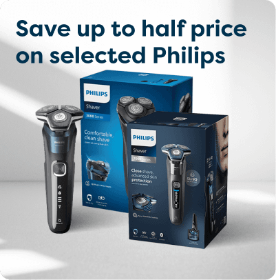 Save up to half price on selected Philips at Pharmacy2U. Philips electric shavers are displayed.