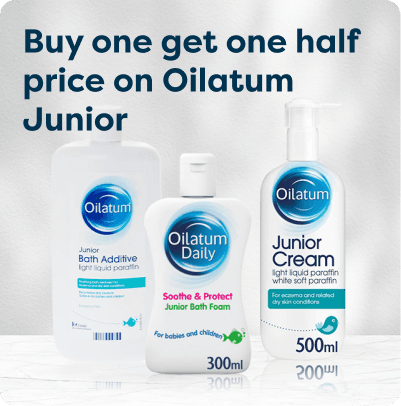 Oilatum promotion: Buy one get one half price. Featured products include Junior Bath Additive, Junior Bath Foam, and Junior Cream.