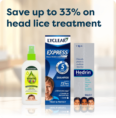 Three head lice treatment products on a reflective surface with text, "Save up to 33% on head lice treatment."
