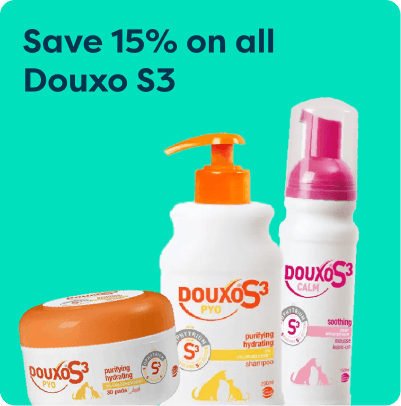 Douxo S3 pet care products, including a jar, shampoo bottle, and foam, with "Save 15% on all Douxo S3" text on a teal background.