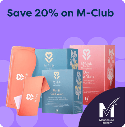 M-Club menopause product packaging with text, "Save 20% on M-Club" and a "Menopause Friendly" logo on a purple background.