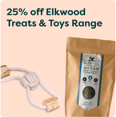 Dog toy and treats, labelled "Elkwood Ocean Dog Treats," with a 25% discount offer on Elkwood Treats & Toys Range.