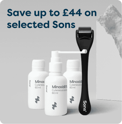 Save up to £44 on selected Sons at Pharmacy2U. Sons hair loss products, including Minoxidil bottles and a derma roller, are displayed.