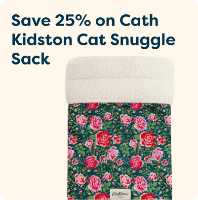 Floral-patterned Cath Kidston Cat Snuggle Sack with fleece lining and "Save 25%" text above it.