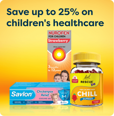 Advertisement displaying savings on children's healthcare products, including Nurofen, Savlon Chickenpox Relief, and Rescue Kids Chill Gummies.