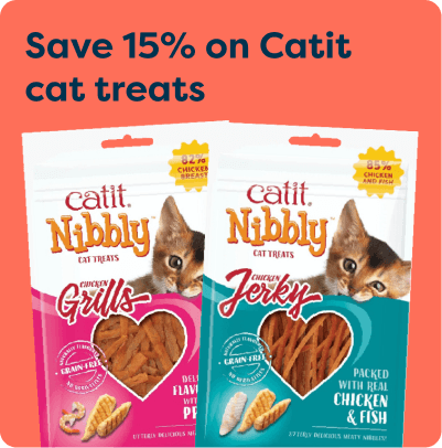Two packs of Catit Nibbly cat treats, Grills and Jerky, with a "Save 15%" offer.