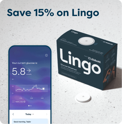 A smartphone displaying glucose levels next to a Lingo Glucose Biosensor box and device with a "Save 15% on Lingo" text above.