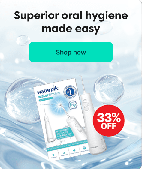 Ad for Waterpik Aquarius showing 33% off, with text "Superior oral hygiene made easy" and a "Shop now" button against a fluid background.
