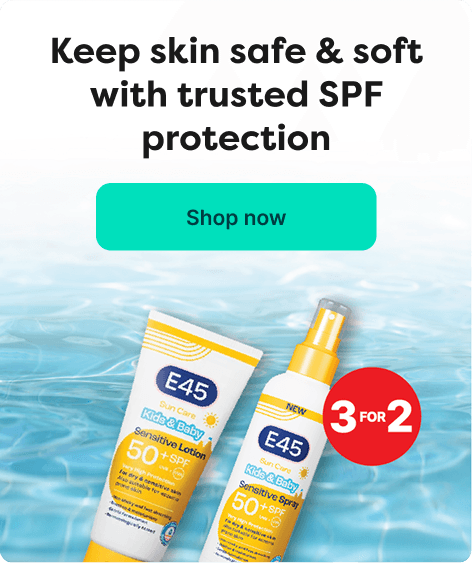 3 for 2 on E45 Kids Suncare at Pharmacy2U. A selection of E45 Kids SPF sun protection products is displayed.