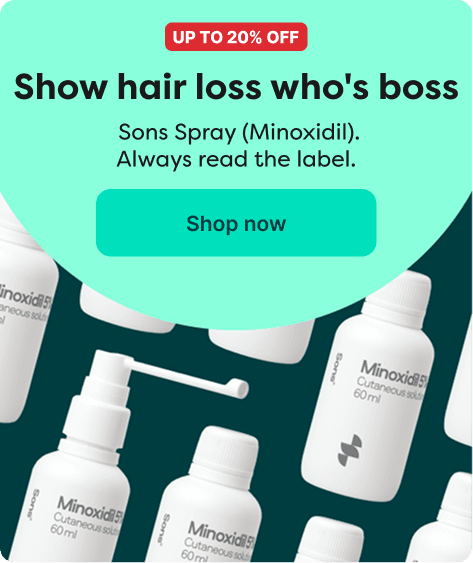 Banner for Minoxidil spray with "Show hair loss who's boss" and "Up to 20% off" text, featuring several white spray bottles.