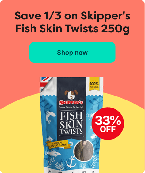 Promo banner for Skipper's Fish Skin Twists 250g, offering 33% off. Features a product image and "Shop now" button.