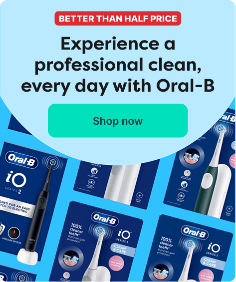 Oral-B ad with electric toothbrushes and packaging. Text reads "Experience a professional clean, every day with Oral-B." Features promo tag.