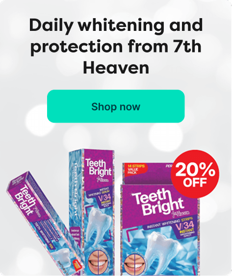 Save 20% on all 7th Heaven at Pharmacy2U. 7th Heaven Teeth Bright whitening strips with daily whitening and protection are displayed.