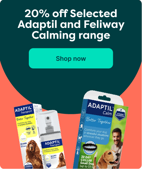Banner offering 20% off Adaptil and Feliway Calming products, featuring product images and a "Shop now" button.