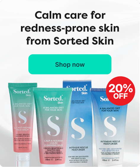 Save 20% on Sorted Skin at Pharmacy2U. A selection of Sorted Skin skincare products for redness-prone skin is displayed.