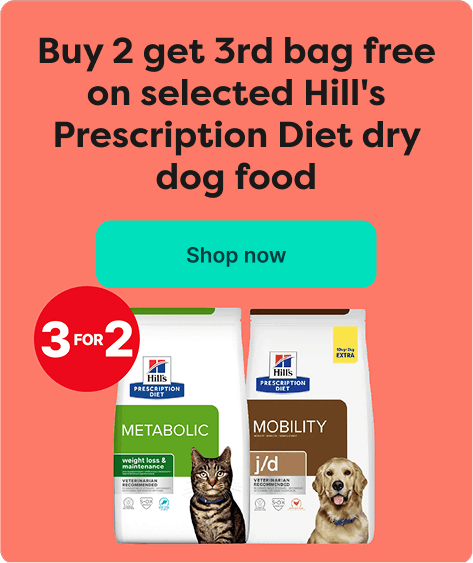 Promotion for Hill's Prescription Diet: Buy 2, get 3rd free on select dry dog food. Includes Metabolic and Mobility variants. "Shop now" button.