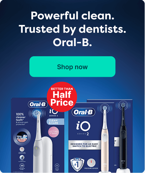 Ad with Oral-B electric toothbrushes, stating "Powerful clean. Trusted by dentists." Features "better than half price" and "Shop now" button.